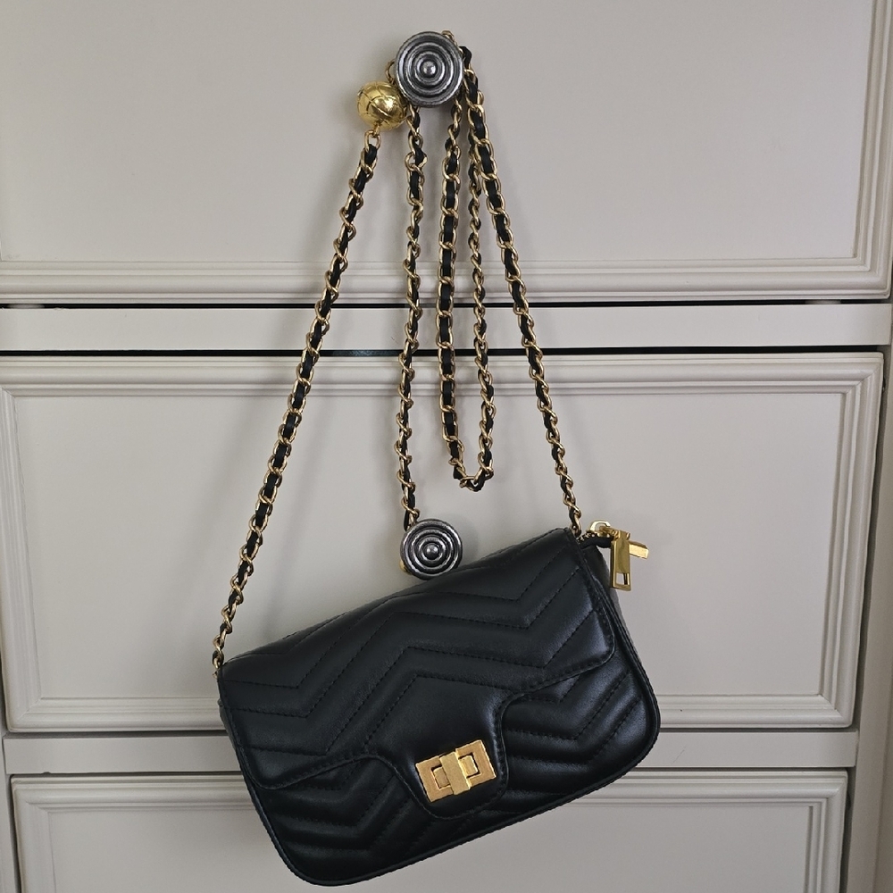 Black and Gold Quilted Crossbody Bag with Chain Strap